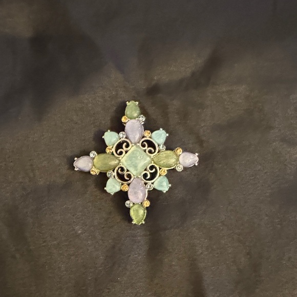 Antique Style Cross Brooch with Green & Purple Gems, Victorian Statement Pin - Picture 2 of 5